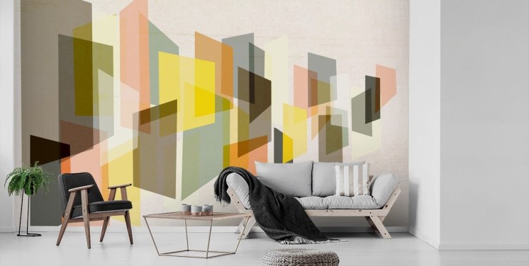 abstracte kunst uit het midden van de eeuw in geel, bruin, zwart en oranje behang