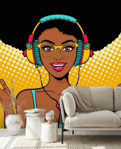 afrikansk amerikansk pige med afro iført hovedtelefoner pop art tapet afrikansk amerikansk pige med afro iført hovedtelefoner pop art tapet