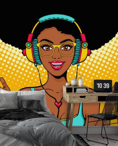 afro-amerikaanse meisje met afro met koptelefoon pop art wallpaper afro-amerikaanse meisje met afro met koptelefoon pop art wallpaper