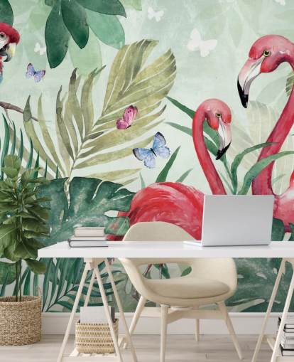 tropisches Tapeten-Wandbild Tropical Flamingo von Di Brookes in Grün und Rosa für Wohn-, Schlaf- und Esszimmer tropisches Tapeten-Wandbild Tropical Flamingo von Di Brookes in Grün und Rosa für Wohn-, Schlaf- und Esszimmer