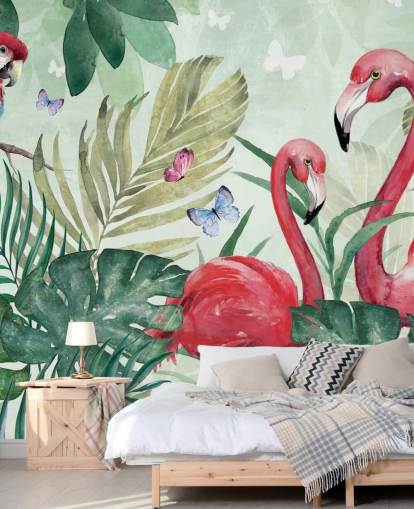 green and pink tropical wallpaper mural called Tropical Flamingo by Di Brookes for living rooms, bedrooms and dining rooms green and pink tropical wallpaper mural called Tropical Flamingo by Di Brookes for living rooms, bedrooms and dining rooms
