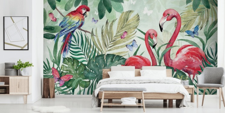 grønt og lyserødt tropisk tapetmaleri kaldet Tropical Flamingo af Di Brookes til stuer, soveværelser og spisestuer