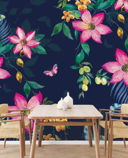 tropical flowers on navy mural tropical flowers on navy mural