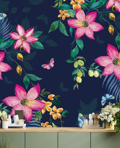 tropical flowers on navy mural tropical flowers on navy mural