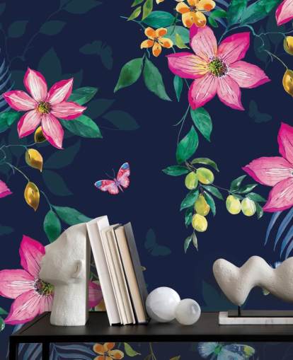 tropical flowers on navy mural tropical flowers on navy mural