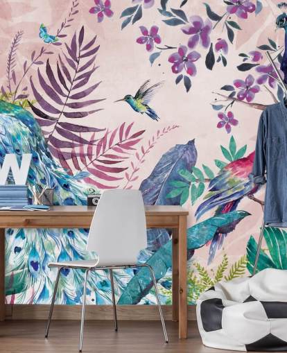 lilla og blå tropisk påfugl tapetmaleri kalt Tropical Peacock av Di Brookes for soverom og stuer lilla og blå tropisk påfugl tapetmaleri kalt Tropical Peacock av Di Brookes for soverom og stuer