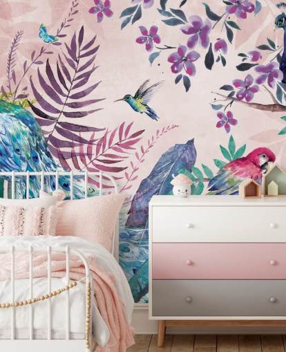 carta da parati murale con pavone tropicale viola e blu chiamato Tropical Peacock di Di Brookes per camere da letto e salotti carta da parati murale con pavone tropicale viola e blu chiamato Tropical Peacock di Di Brookes per camere da letto e salotti