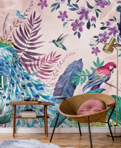 papier peint mural de paon tropical violet et bleu appelé Tropical Peacock par Di Brookes pour les chambres et les salons papier peint mural de paon tropical violet et bleu appelé Tropical Peacock par Di Brookes pour les chambres et les salons
