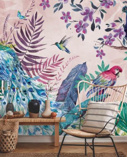 lila und blaue tropische Pfauentapete namens Tropical Peacock von Di Brookes für Schlafzimmer und Wohnzimmer lila und blaue tropische Pfauentapete namens Tropical Peacock von Di Brookes für Schlafzimmer und Wohnzimmer