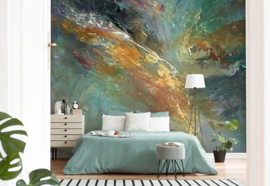papier peint mural abstrait personnalisable vert et doré appelé Intangable par Anne Farrall Doyle 