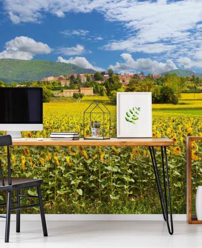 Girasoli in un campo con carta da parati rustica Girasoli in un campo con carta da parati rustica