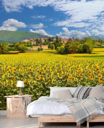 Sunflowers in a Field with Rustic House Wallpaper Sunflowers in a Field with Rustic House Wallpaper