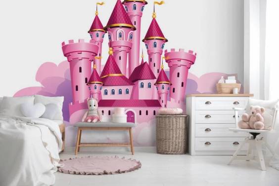 pink princess castle floating on clouds wallpaper
