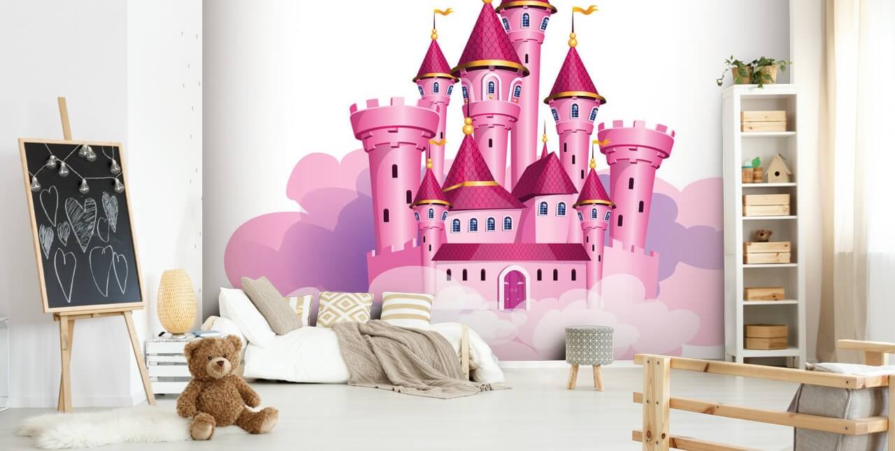 papel de parede de castelo de princesa rosa flutuando nas nuvens