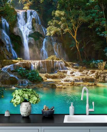 jungle with blue lagoon and waterfall wallpaper jungle with blue lagoon and waterfall wallpaper