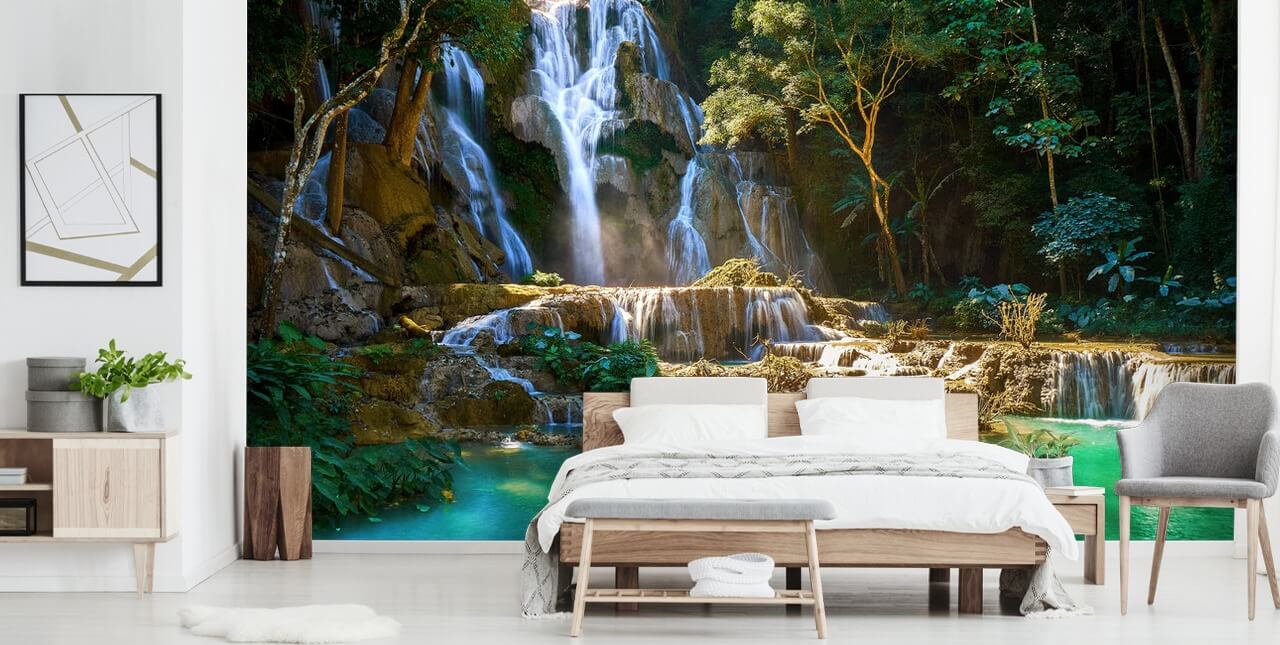 jungle with blue lagoon and waterfall wallpaper