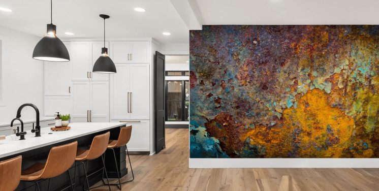 orange copper customisable rust wallpaper mural called Core of Corrosion for kitchens and lounges