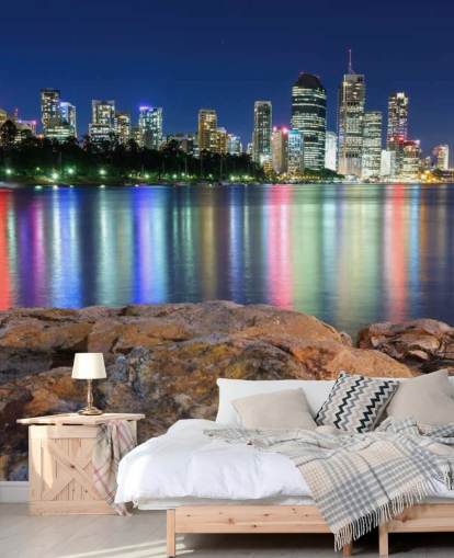 Papier peint Brisbane la nuit reflétant les couleurs sur l'eau Papier peint Brisbane la nuit reflétant les couleurs sur l'eau