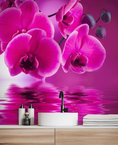 lyserødt tilpasseligt blomstertapet vægmaleri kaldet Pink Orchids til kurbade, hoteller og badeværelser lyserødt tilpasseligt blomstertapet vægmaleri kaldet Pink Orchids til kurbade, hoteller og badeværelser