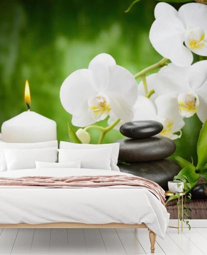 Mural Orquídeas blancas con guijarros y velas Mural Orquídeas blancas con guijarros y velas