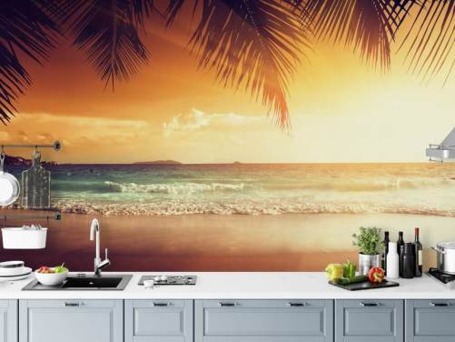 Orange Sunset Sky on Tropical Beach Wallpaper