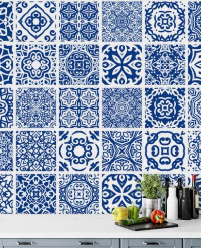 Blue and White Patterned Tile Effect Wallpaper Blue and White Patterned Tile Effect Wallpaper
