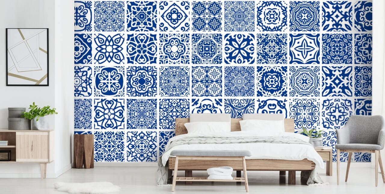 Blue and White Patterned Tile Effect Wallpaper