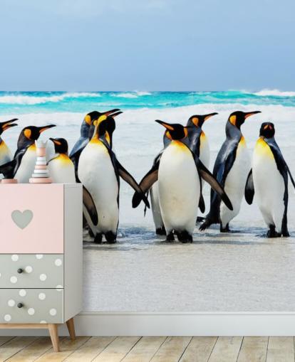bright customisable penguin wallpaper called Kings of the Beach for children's bedrooms and offices bright customisable penguin wallpaper called Kings of the Beach for children's bedrooms and offices