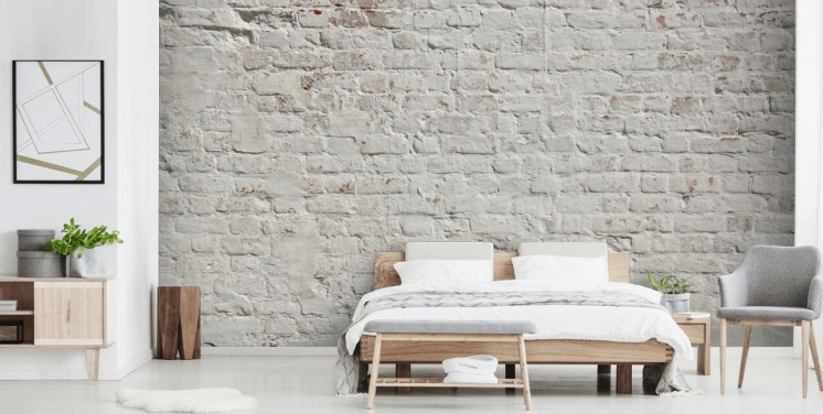 witte bakstenen behangmuurschildering op maat genaamd White Washed Brick voor slaapkamers of keukens