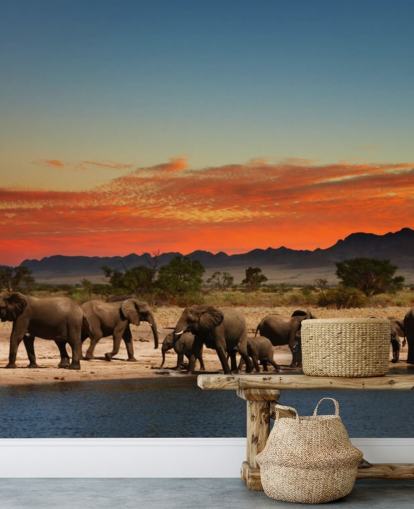 Sunset Landscape with Elephants Wallpaper Sunset Landscape with Elephants Wallpaper