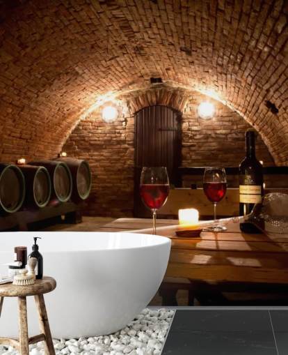 Gemütlicher Weinkeller mit zwei Gläsern Rotwein-Tapete Gemütlicher Weinkeller mit zwei Gläsern Rotwein-Tapete