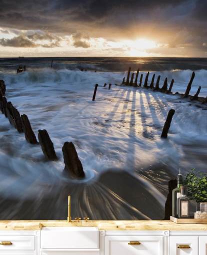 Evening Beach with Frothy Waves Wall Mural Evening Beach with Frothy Waves Wall Mural