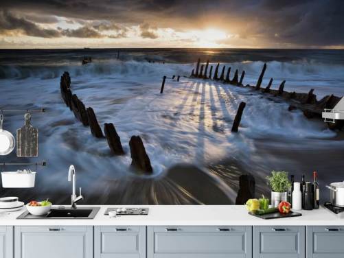 Evening Beach with Frothy Waves Wall Mural