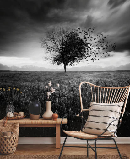 Black and White Tree in Field Wallpaper Black and White Tree in Field Wallpaper