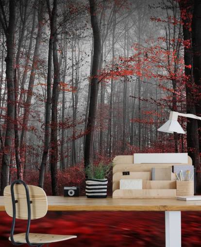 carta da parati murale rossa personalizzabile con foresta chiamata Red Carpet Forest per camere da letto carta da parati murale rossa personalizzabile con foresta chiamata Red Carpet Forest per camere da letto