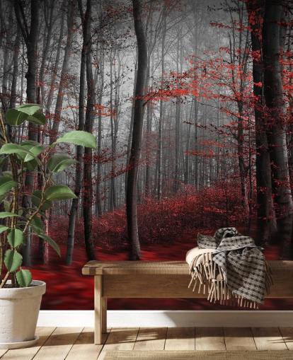 Rote anpassbare Wald-Wandtapete namens Red Carpet Forest für Schlafzimmer Rote anpassbare Wald-Wandtapete namens Red Carpet Forest für Schlafzimmer