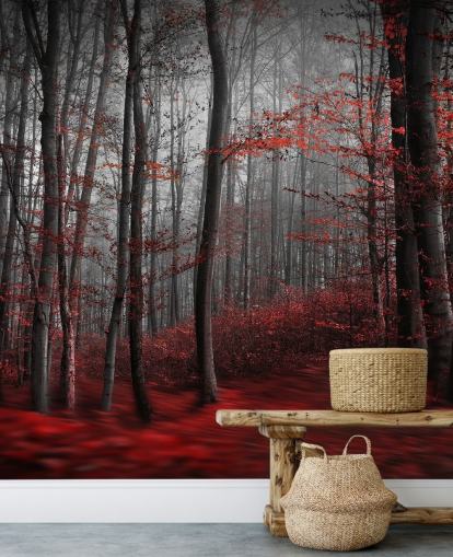red customisable forest wallpaper mural called Red Carpet Forest for bedrooms red customisable forest wallpaper mural called Red Carpet Forest for bedrooms
