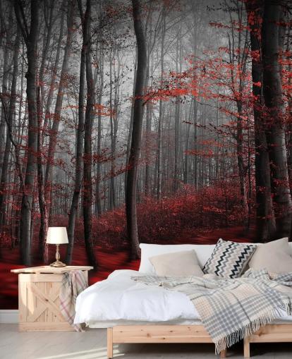 papier peint mural de forêt rouge personnalisable appelé Red Carpet Forest pour chambres papier peint mural de forêt rouge personnalisable appelé Red Carpet Forest pour chambres