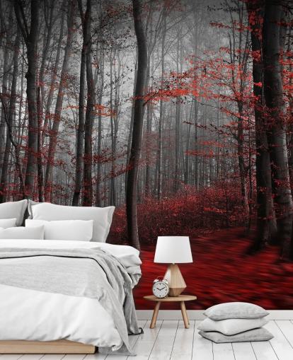 rode aanpasbare bosbehangmuurschildering genaamd Red Carpet Forest voor slaapkamers rode aanpasbare bosbehangmuurschildering genaamd Red Carpet Forest voor slaapkamers