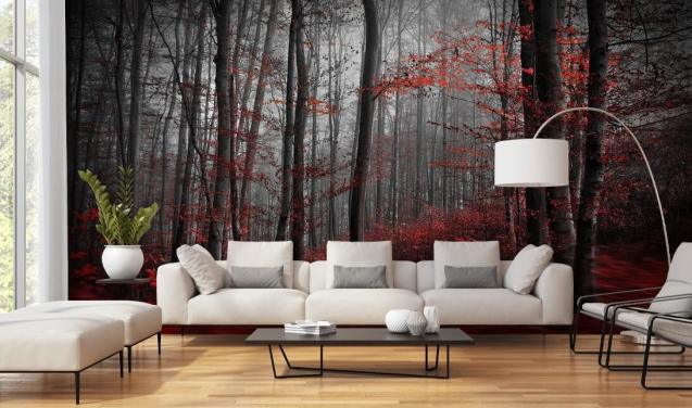 red customizable forest wallpaper mural called Red Carpet Forest for bedrooms