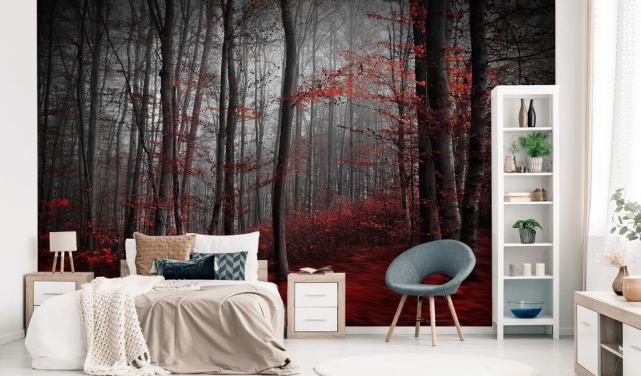 red customisable forest wallpaper mural called Red Carpet Forest for bedrooms