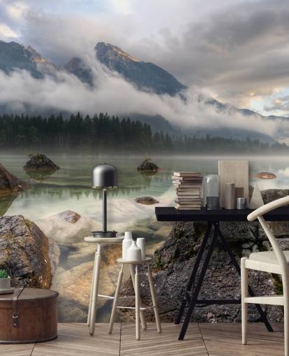 Rocky Misty Lake Bakgrunn Rocky Misty Lake Bakgrunn