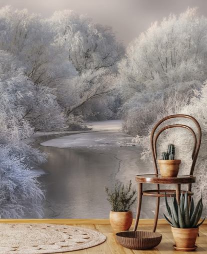 Verschneite Wald- und See-Tapete Verschneite Wald- und See-Tapete