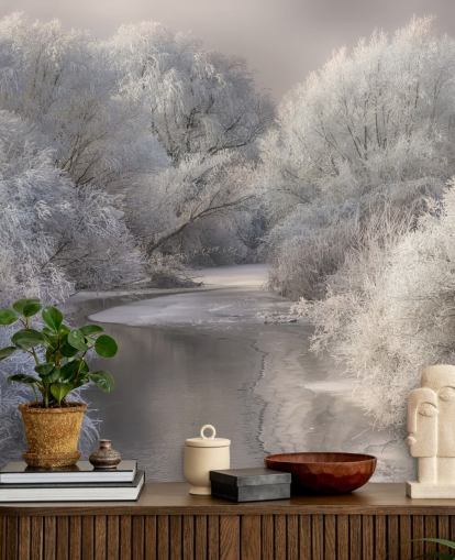 Fondo de pantalla de bosque nevado y lago Fondo de pantalla de bosque nevado y lago