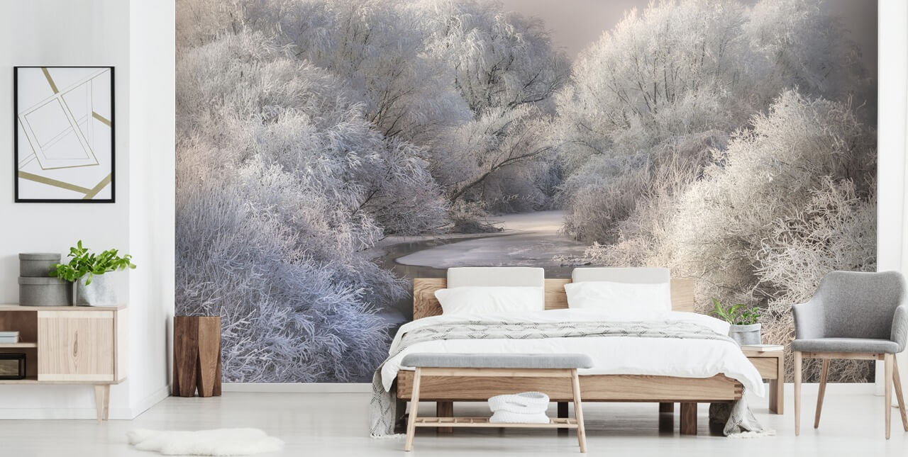 Fondo de pantalla de bosque nevado y lago