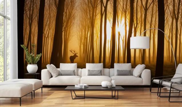 mörk anpassningsbar skogstapetväggmålning kallad Forest Stag av 1x för sovrum eller kök