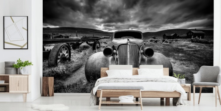 svart og hvitt vintage biltapet veggmaleri kalt Too Old to Drive av 1x - Artist Carsten Schlipf