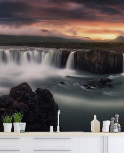 Fondo de pantalla de cascada y puesta Fondo de pantalla de cascada y puesta