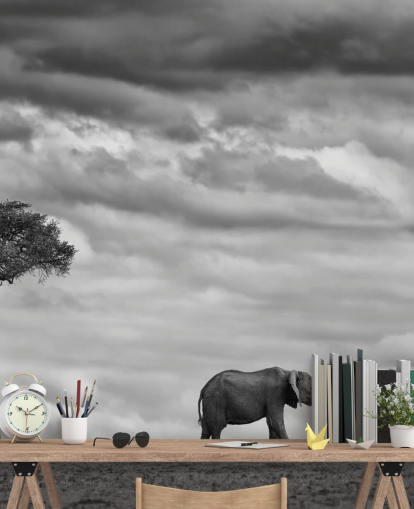 mural elefante y árbol blanco y negro mural elefante y árbol blanco y negro