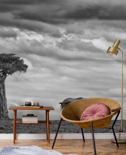 Black and White Elephant and Tree Mural Black and White Elephant and Tree Mural